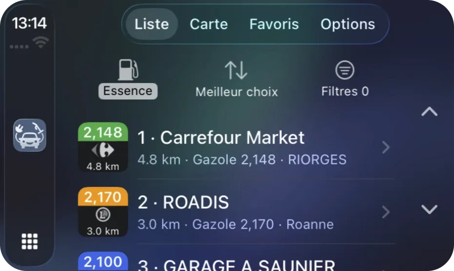 Liste des stations-service à proximité dans Apple CarPlay.