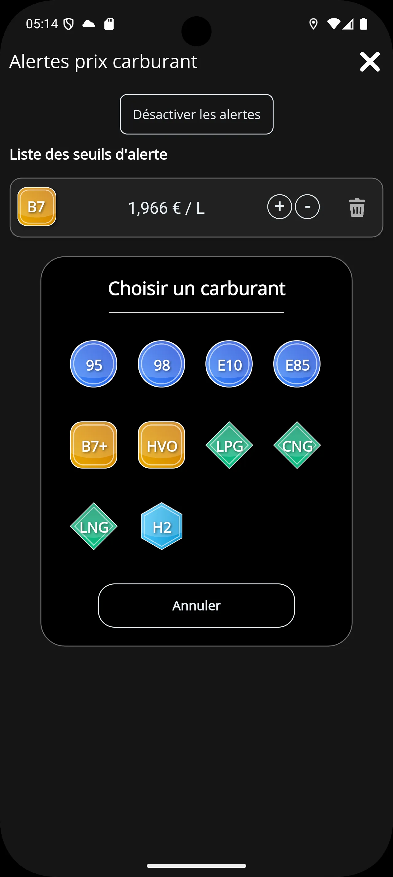 Créer une alerte de prix carburant.