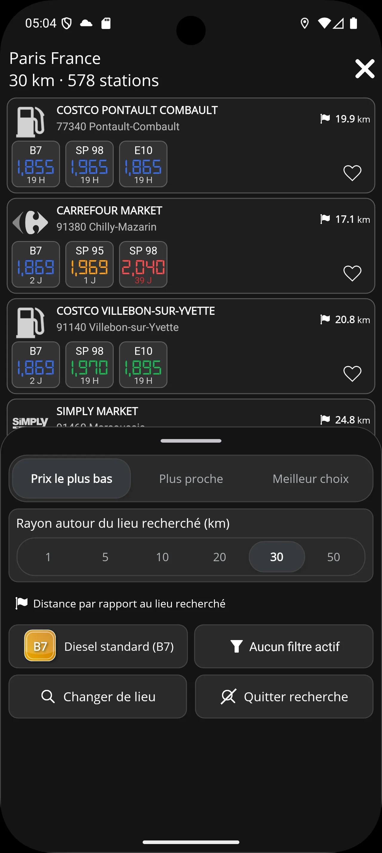 Liste des points d'intérêt autour d'un lieu recherché.