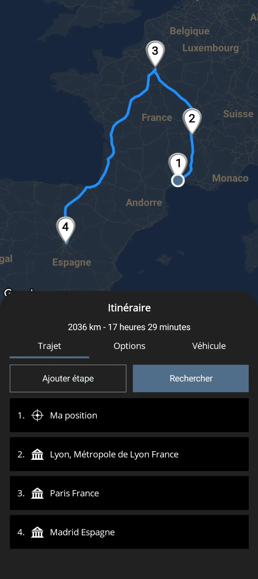 Planification d'un voyage avec des étapes.