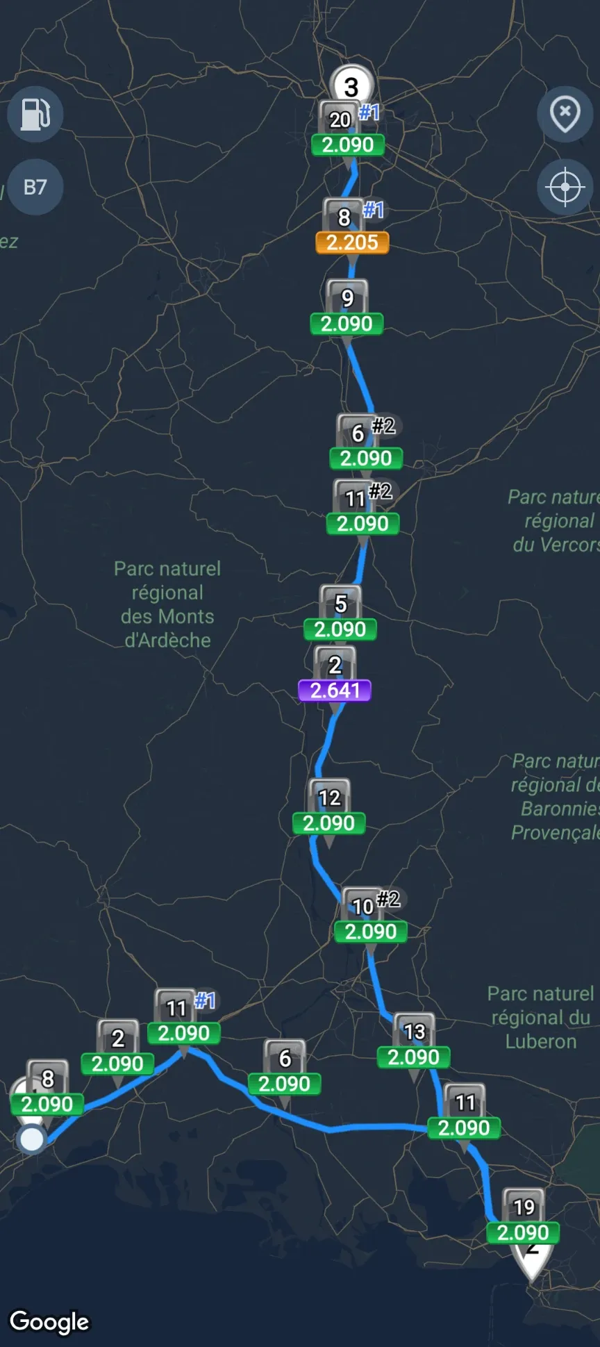 Stations le long d'un trajet.